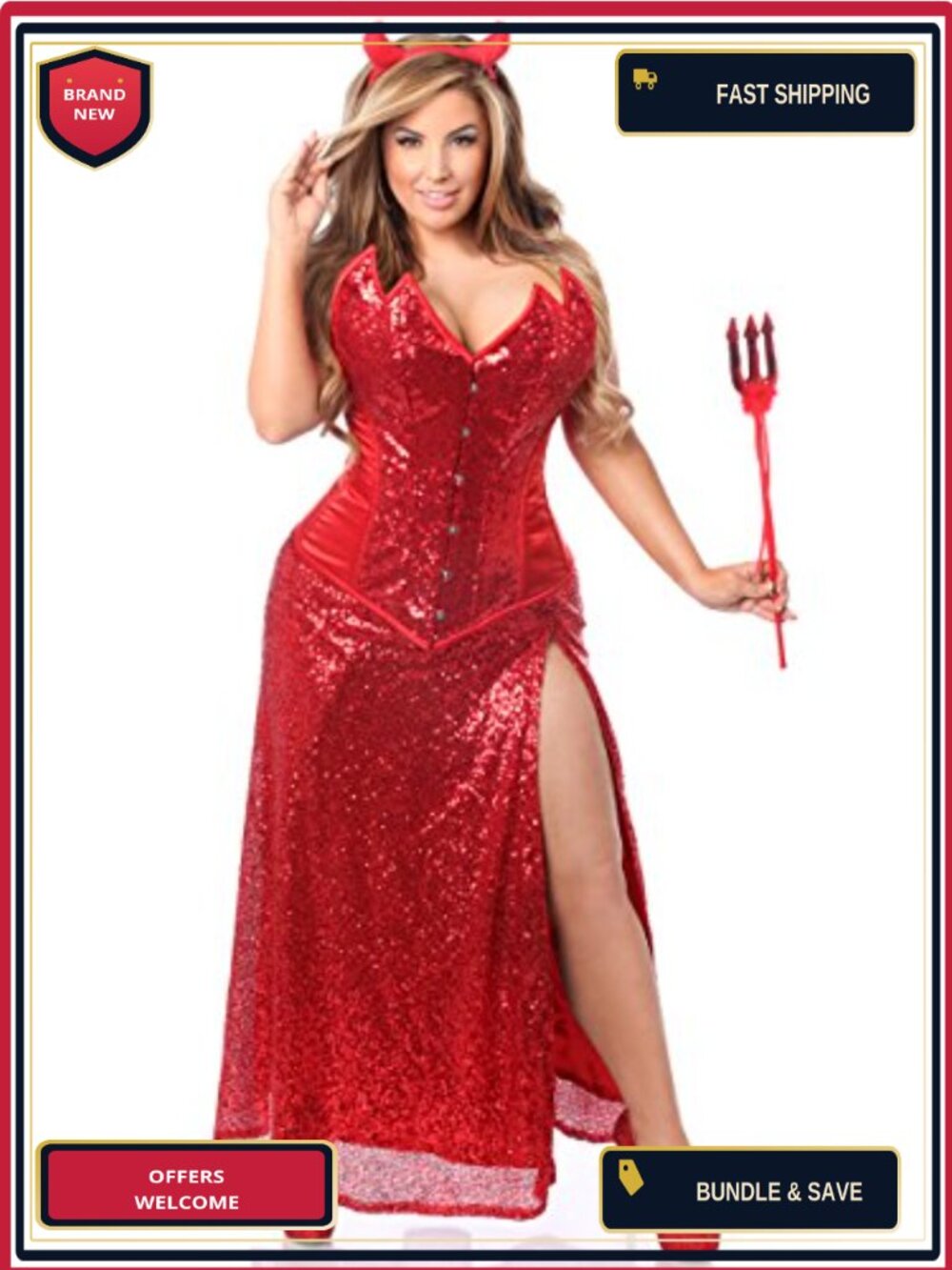Plus Size Steel Boned Corset Costume with Sequin Skirt Devil Horns & Pitchfork